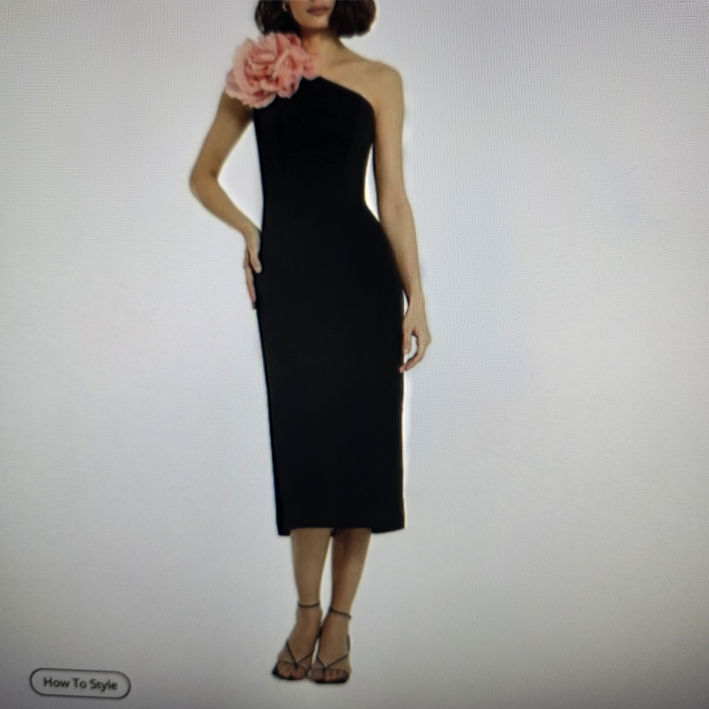 Mac Duggal Black One-Shoulder Dress with Pink Floral Detail